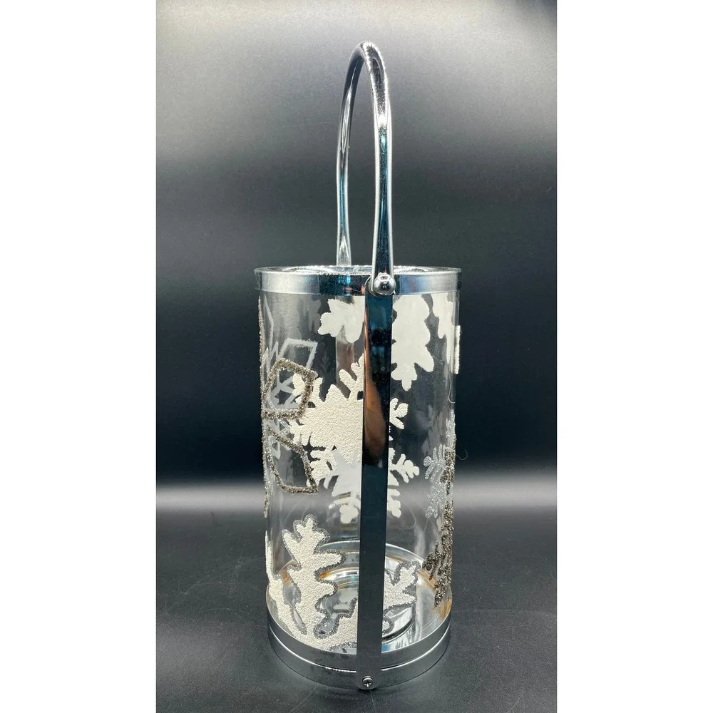 Silver Snowflake Glass Cylinder Candle Lantern Chrome Handle Winter Decor 10.25